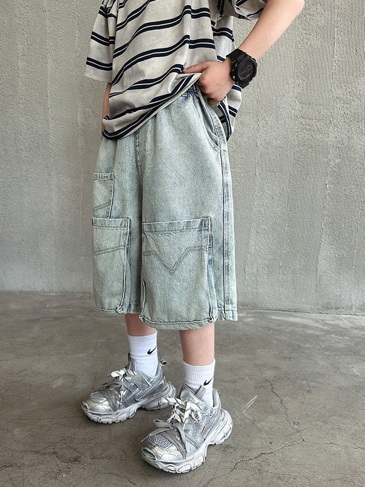 Boys Denim Work Shorts with Elastic Waist